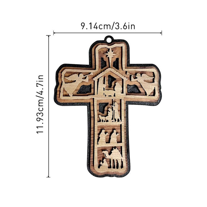 Nativity Cross wooden ornament, traditional religious decor bringing spiritual meaning to Christmas
