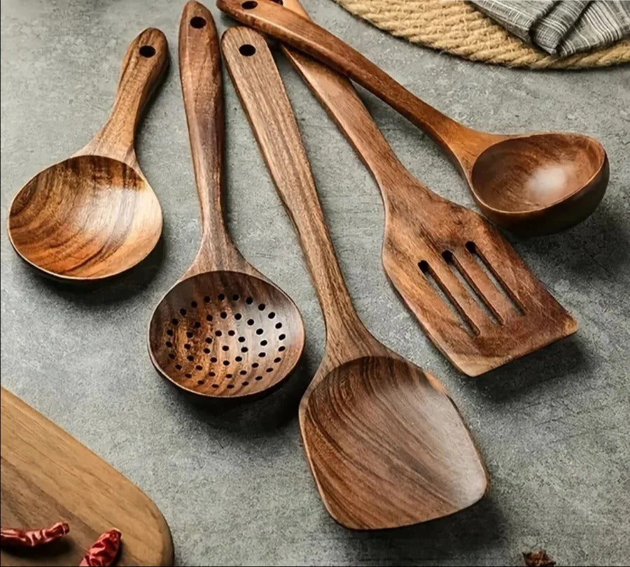 Natural teak wood kitchen utensil set, durable & eco-friendly cooking tools for non-stick cookware.