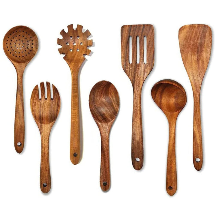 Ergonomic teak wood spatula, spoon & ladle set for non-stick pans; heat-resistant, sustainable kitchen tools.