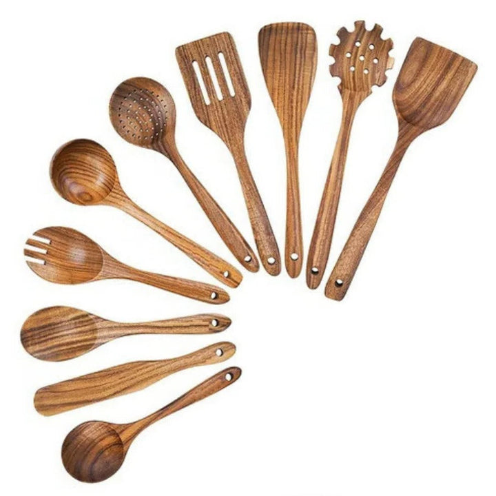 Complete natural teak wood kitchen utensil set, offering a variety of durable & eco-friendly wooden cooking tools.