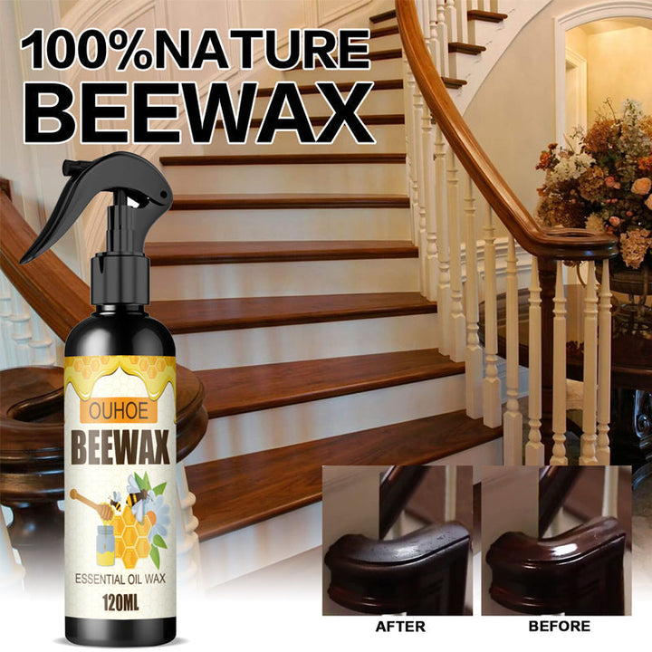 Natural Wood Furniture Beeswax Polish Spray, 8oz bottle, restores shine & protects wood surfaces.