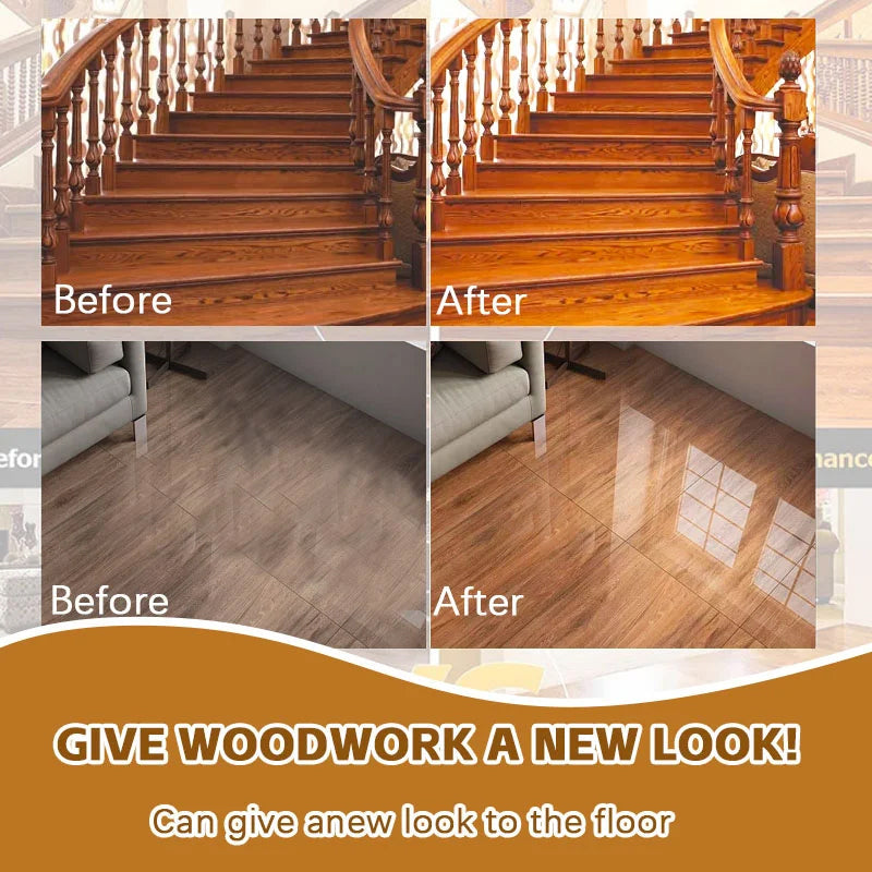 Close-up of Natural Wood Furniture Beeswax Polish Spray on wooden table, before & after effect sample.