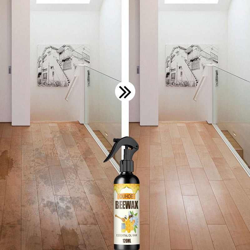 Natural Wood Furniture Beeswax Polish Spray, 8oz bottle, restores shine & protects wood surfaces.