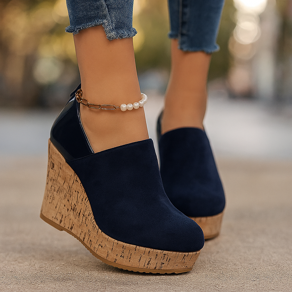 Navy blue orthopedic wedge loafers for women, comfortable slip-on style, casual footwear