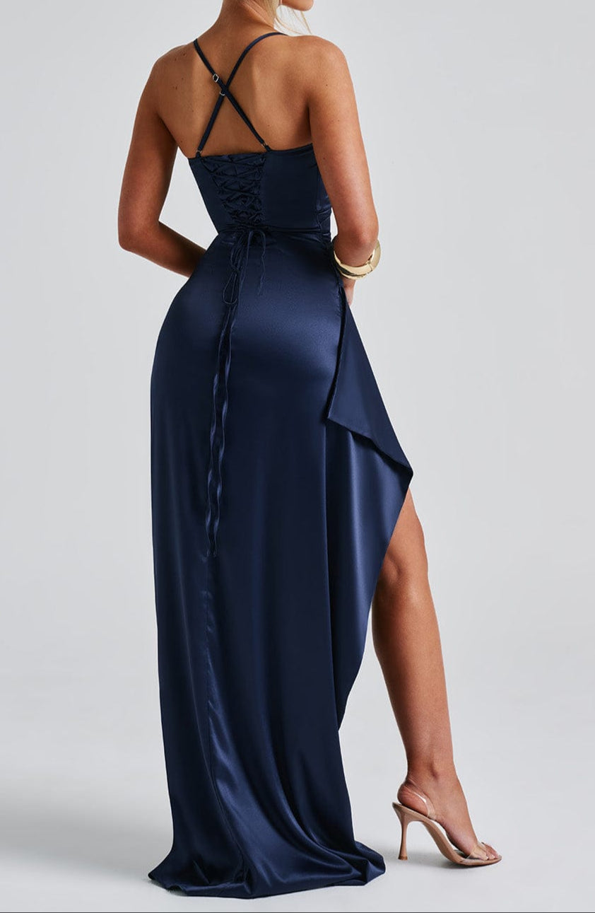 Women's elegant navy blue maxi dress with thin straps and a chic high slit for summer
