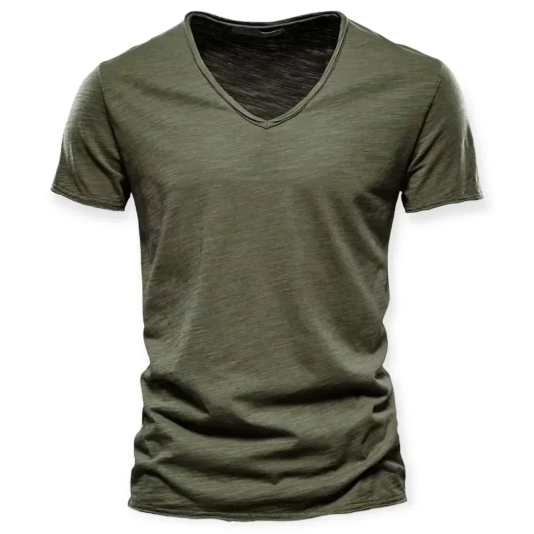 Stylish men's V-neck t-shirt, a versatile short sleeve top for everyday comfort & casual wear.