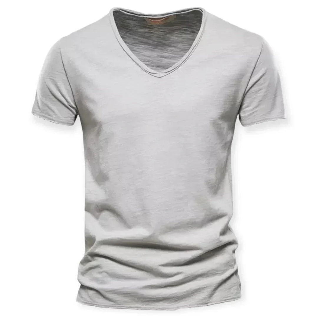 Folded new men's everyday comfort V-neck t-shirt, a soft short sleeve top for casual fashion.