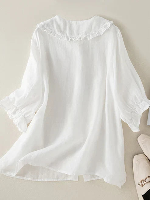 Comfortable women's casual top with a Peter Pan collar & ruffle neck, a versatile loose-fit blouse for daily fashion.