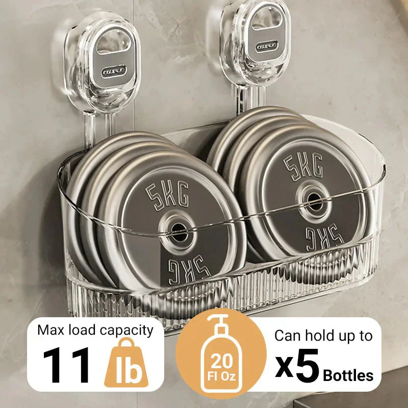 Versatile suction cup shower caddy for home organization. No-drill wall mount bath storage shelf.