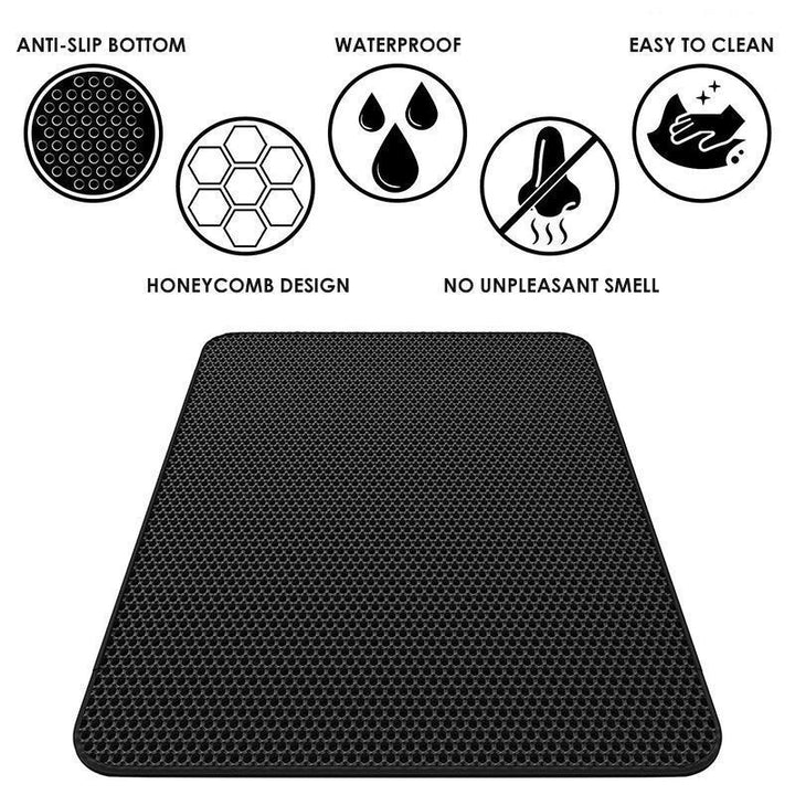 Waterproof cat litter mat under a litter box, illustrating its non-slip feature and floor protection