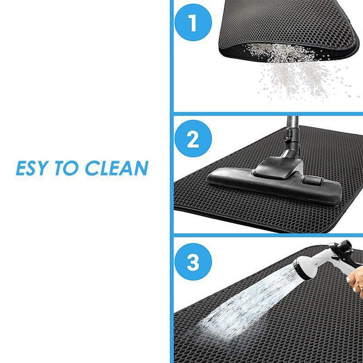 Rolled up non-slip gray litter mat, ready for storage or travel, a convenient cat accessory