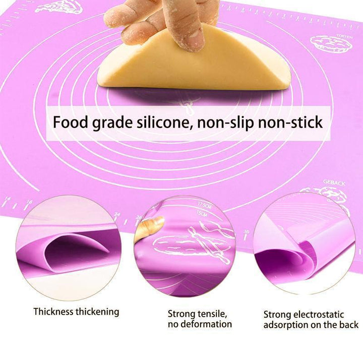 Black non-stick silicone baking mat with measurement guides, an essential food-grade kitchen & cooking aid.