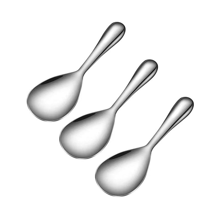 Non-stick stainless steel rice spoon, showcasing its smooth finish, perfect for serving