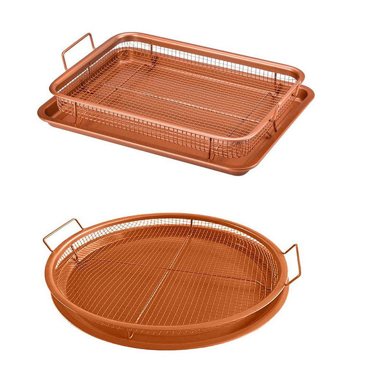 Packaging of the nonstick air fryer basket and crisper tray, emphasizing its features