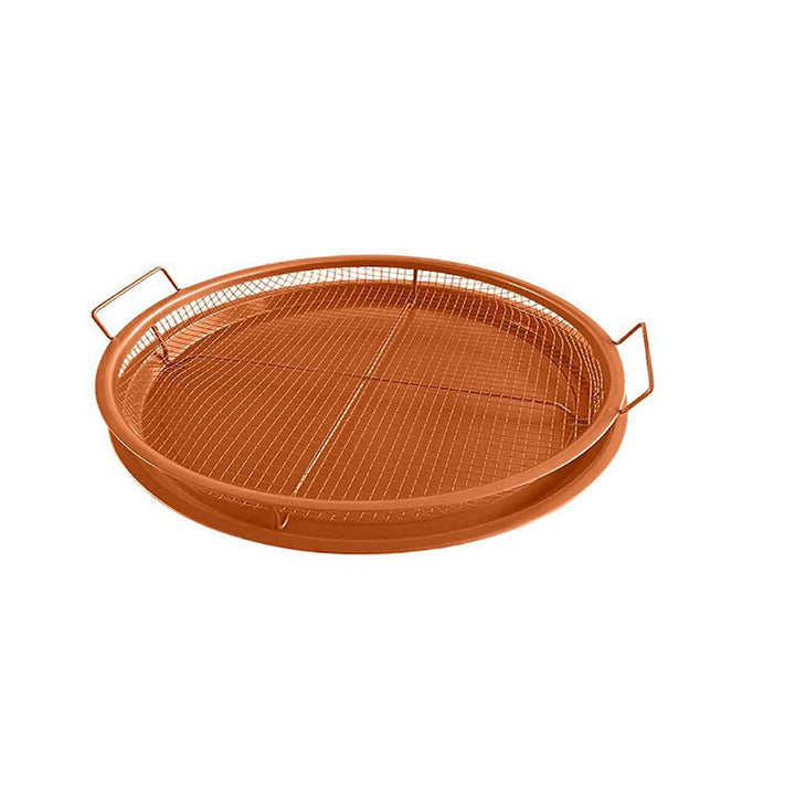 Nonstick air fryer basket and crisper tray with a variety of cooked items, showing versatility