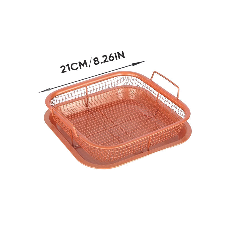 Two nonstick air fryer baskets stacked, showing different sizes or angles, durable cooking tools