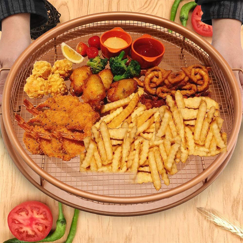 Crisper tray and nonstick air fryer basket shown from top, great for fat-free cooking
