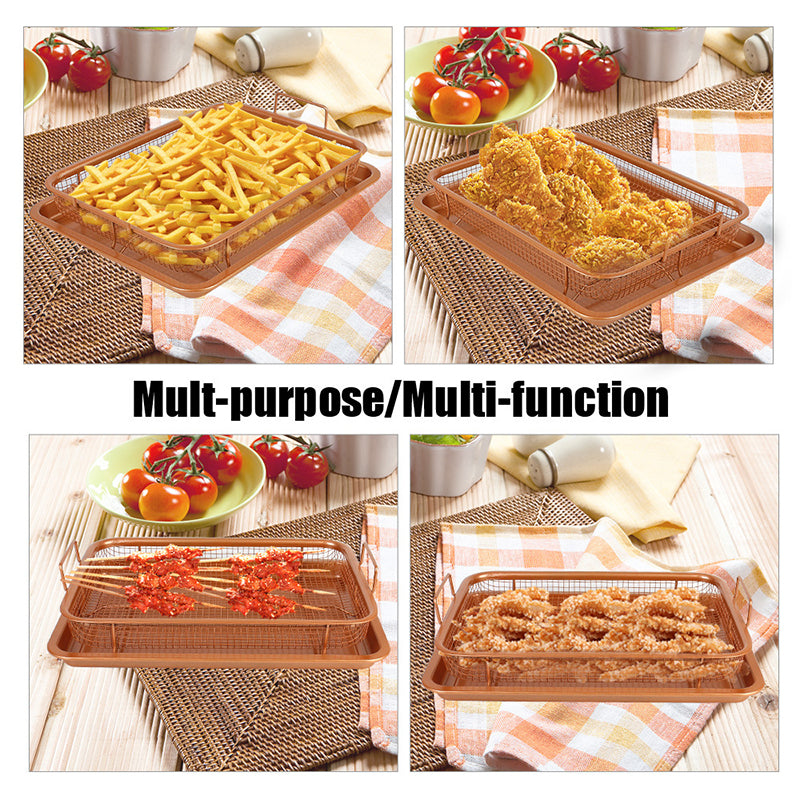 Angled view of a nonstick air fryer basket and its matching crisper tray, kitchen essential