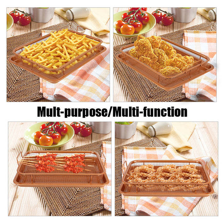 Angled view of a nonstick air fryer basket and its matching crisper tray, kitchen essential