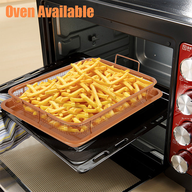 Nonstick air fryer basket with food, emphasizing its use for healthier meals