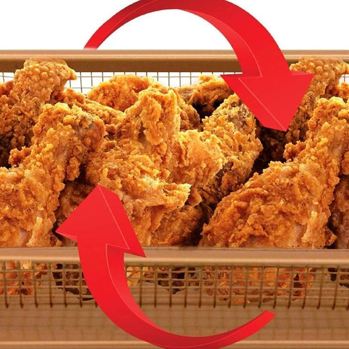 Stack of nonstick air fryer basket and crisper tray, showcasing its compact design