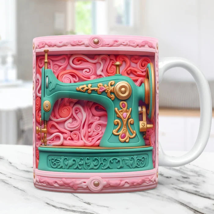 Gift-ready novelty 3D sewing themed ceramic coffee mug, an ideal present for crafters and sewers.