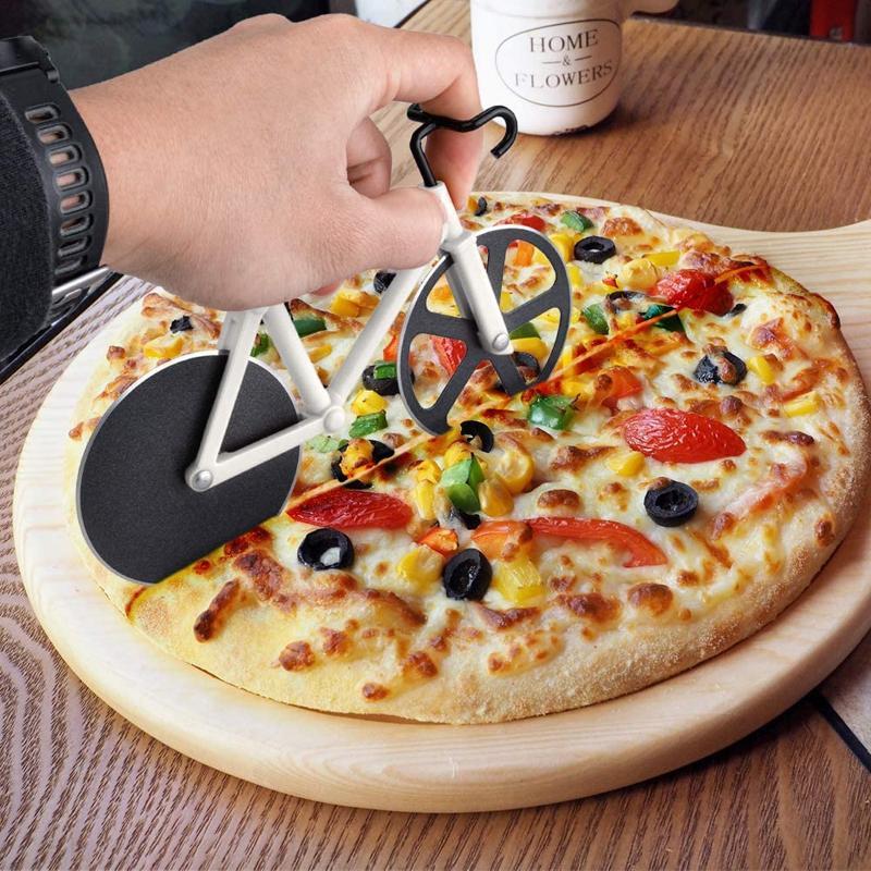 Gift-ready red bicycle pizza cutter, dual sharp blades, adds fun to pizza night, kitchen gadget
