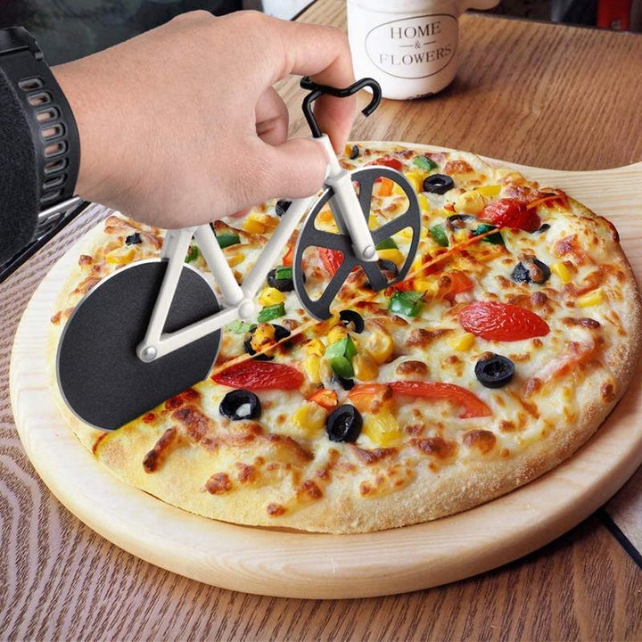 Gift-ready red bicycle pizza cutter, dual sharp blades, adds fun to pizza night, kitchen gadget