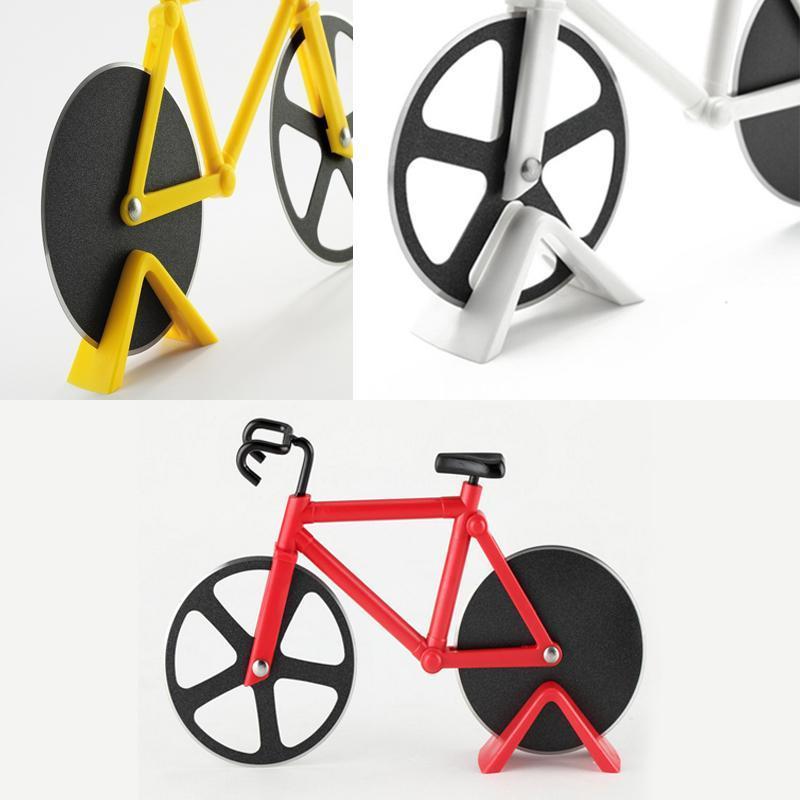 Stainless steel bicycle pizza cutter with a vibrant red finish, dual sharp wheels for efficient slicing