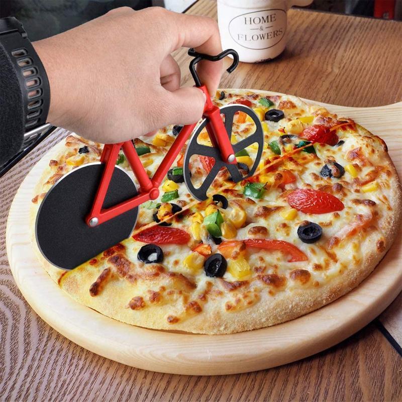 Stylish bicycle pizza slicer, red and silver, sharp dual blades for easy pizza cutting, kitchen tool