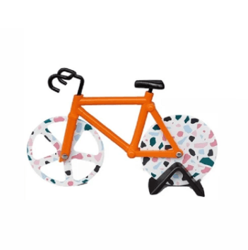 Creative bicycle wheel pizza cutter, red frame, dual sharp stainless steel blades, kitchen gadget fun