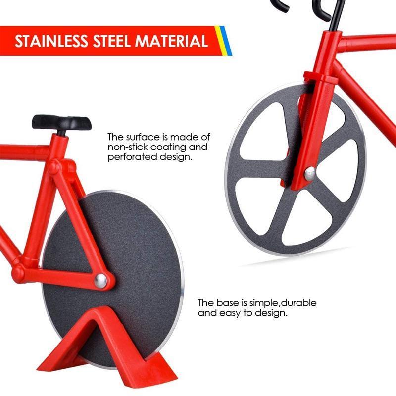 Unique bike-shaped pizza cutter, red frame, dual stainless steel wheels, novelty kitchen gadget