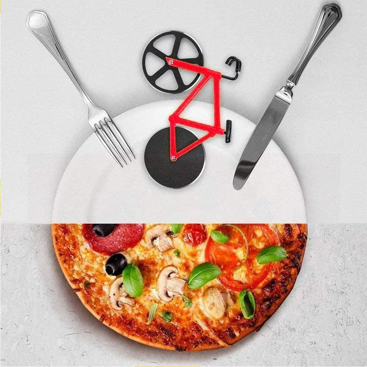 Novelty kitchen tool: red bicycle pizza cutter with two functional stainless steel blades, pizza slicer