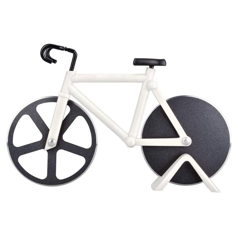 Dual-blade bicycle pizza cutter, red with silver wheels, makes slicing pizza easy and fun, kitchen tool