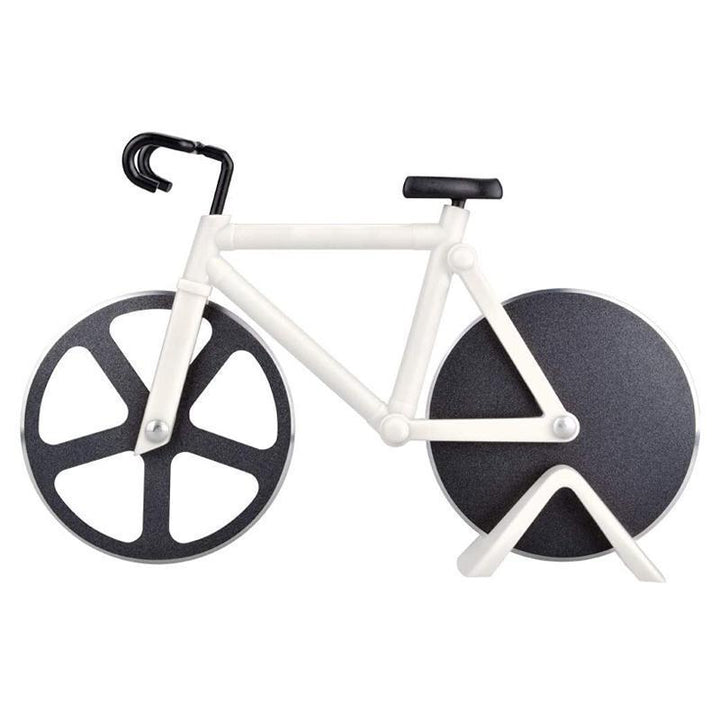 Dual-blade bicycle pizza cutter, red with silver wheels, makes slicing pizza easy and fun, kitchen tool