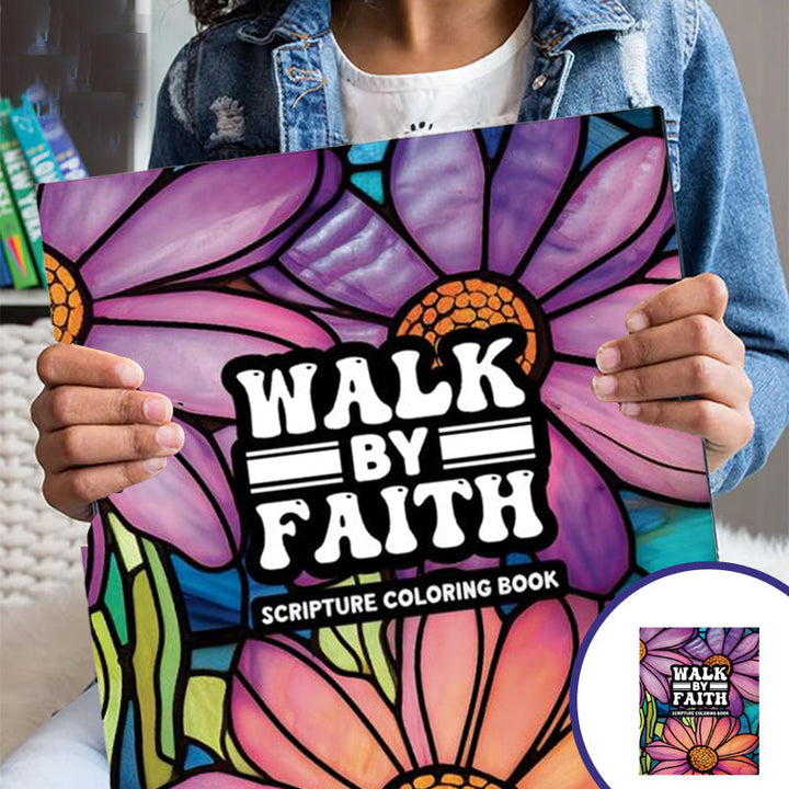 Open Christian adult coloring book with intricate designs and 'Faith' highlighted, perfect for mindfulness.