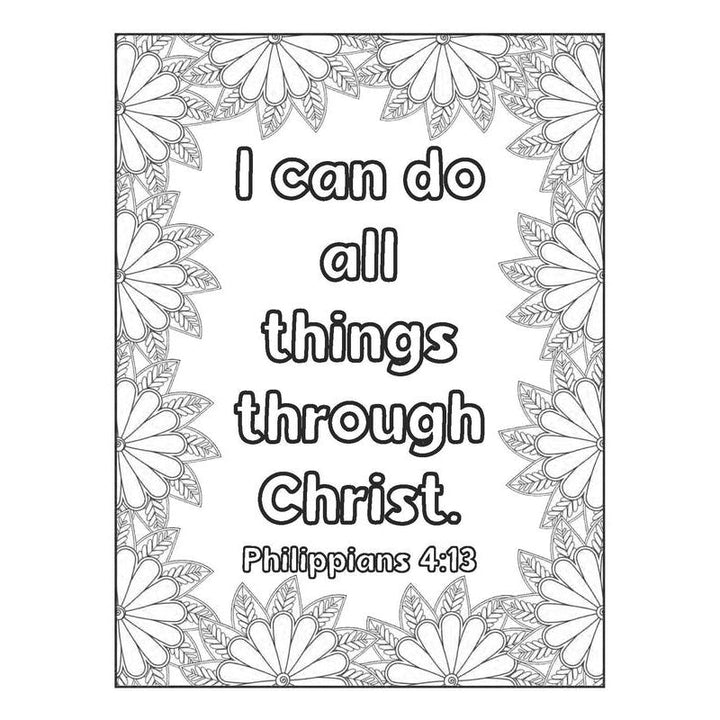 Inspiring Christian coloring book cover featuring a beautiful floral wreath and a prominent Bible verse.