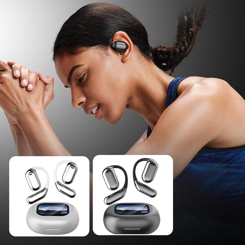 Open ear Bluetooth earbuds in a smart charging case, showcasing the innovative design for comfort.