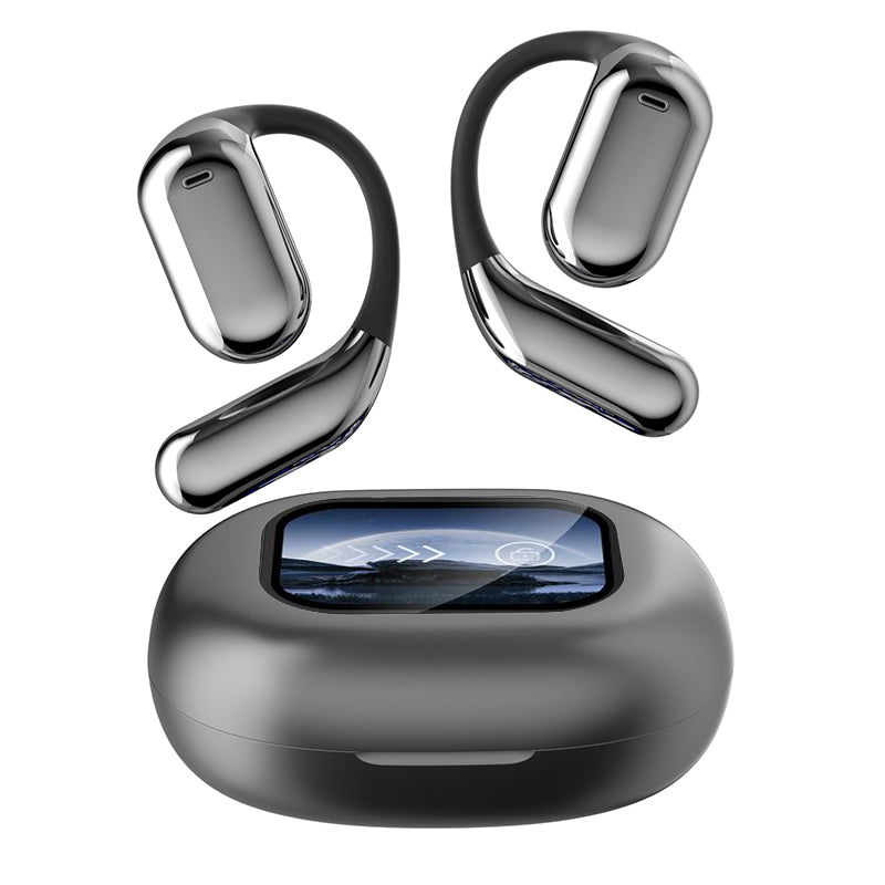 Wireless open ear earbuds and charging case, featuring seamless Bluetooth pairing and clear audio.
