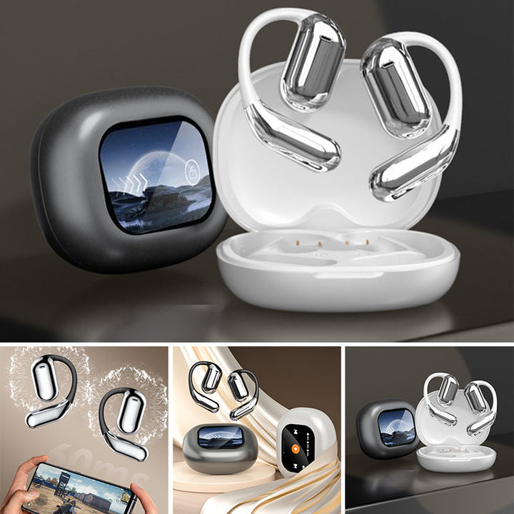 Wireless open ear earbuds with a sleek portable charging case, highlighting advanced audio tech.
