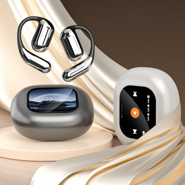 Detail shot of open ear Bluetooth earbuds inside the smart charging case, emphasizing connectivity.