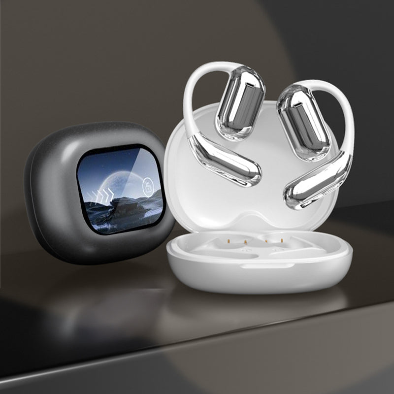 Stylish open ear wireless earbuds with an intelligent charging case, ideal for secure, conforable fit.