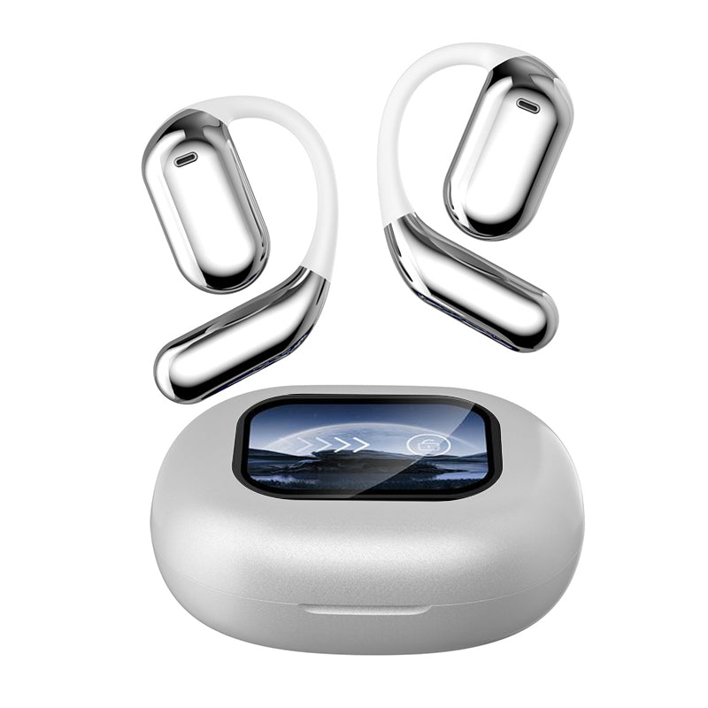 Portable electronics: Open ear Bluetooth earbuds with their efficient smart charging case for long use.