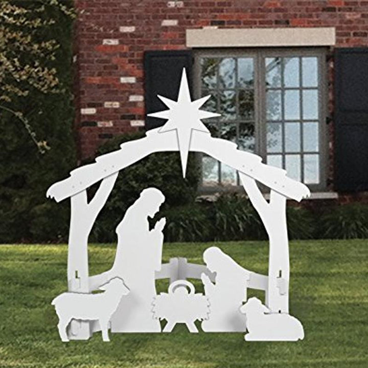 Holiday outdoor nativity set, weather-resistant figures depicting Bethlehem scene