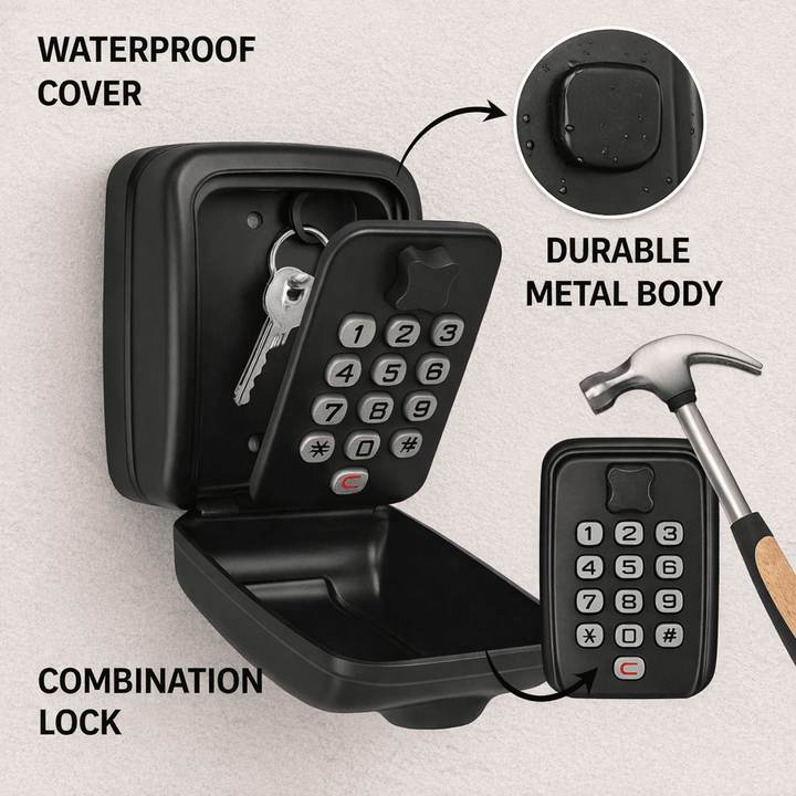 Secure outdoor key safe for home, garage, and rental properties. Provides reliable spare key storage.