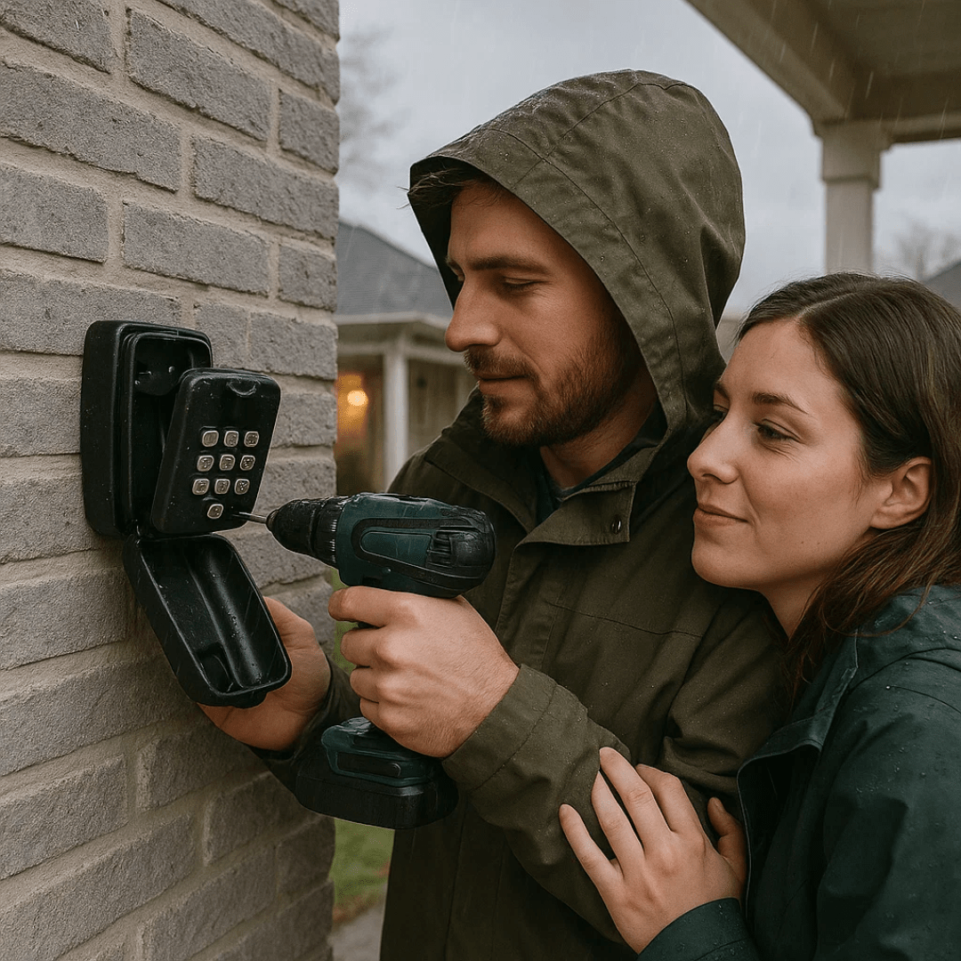Secure outdoor key safe box with code for home access. Ideal for rental properties, garages & emergencies.