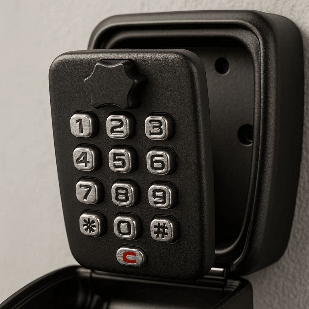Weatherproof metal key safe box for outdoor home security. Perfect for garage, spare keys, and property access.