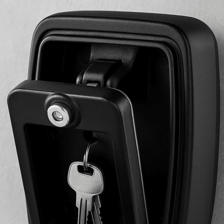 Durable weatherproof metal key safe box for outdoor spare key storage. Enhances home security.