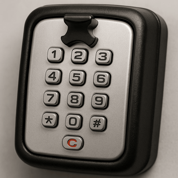 Code-protected outdoor key safe box for secure home, garage, or rental property key storage.