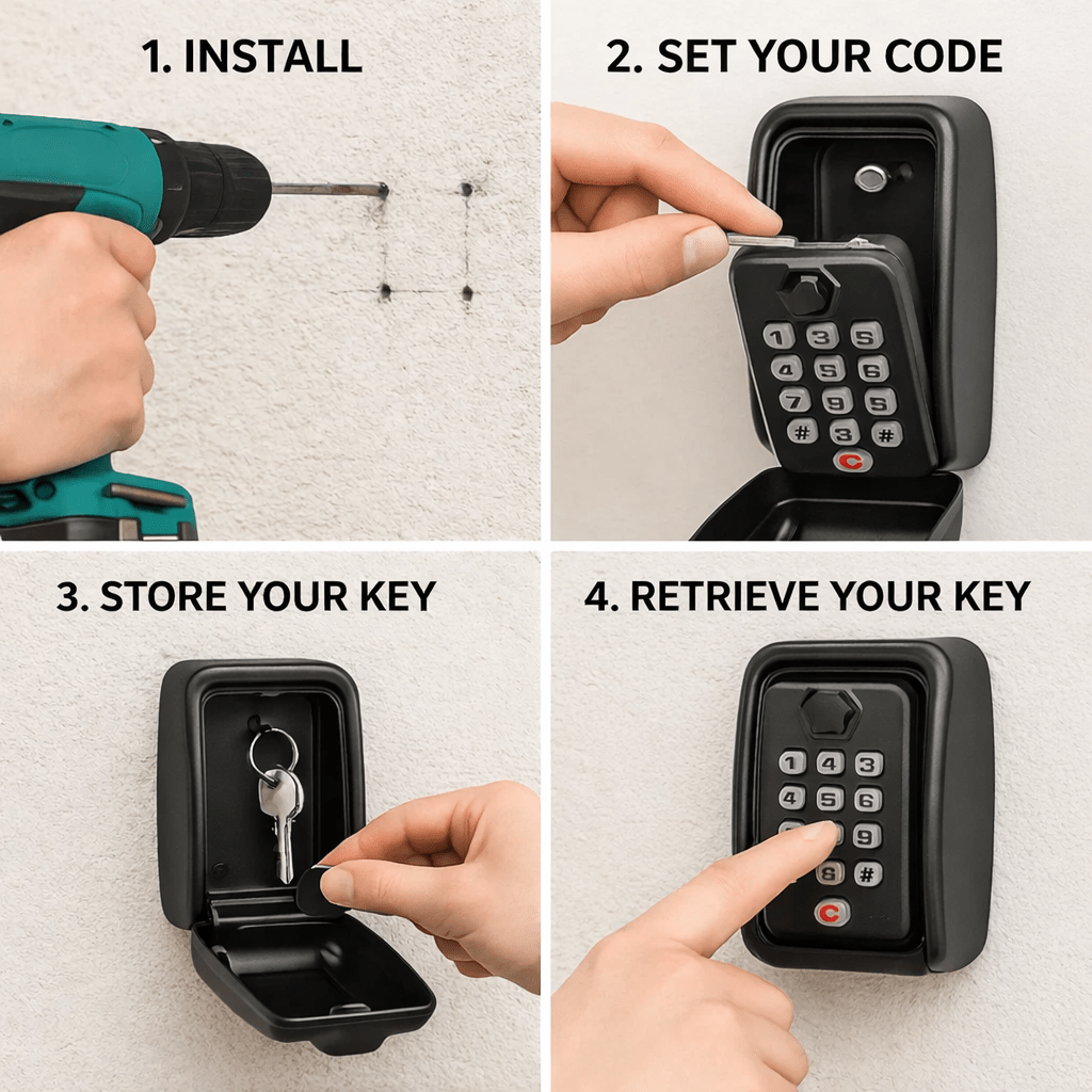 Metal weatherproof key safe box for outdoor home security. Protects spare keys from elements.
